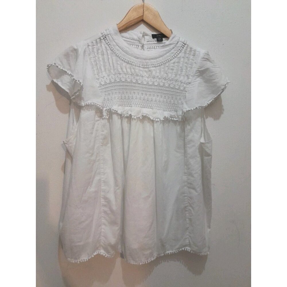 J. Crew Boho White Lace Romantic Pintuck Baby Doll Lace Flutter Sleeve XXL  Top